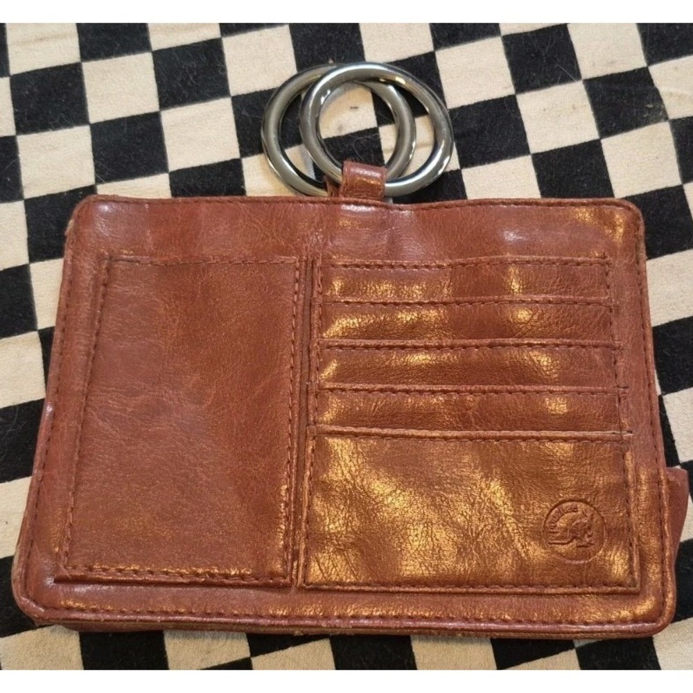 Pouchee Brown Leather Wallet Organizer w‎ Ring Clasp Zip Pocket